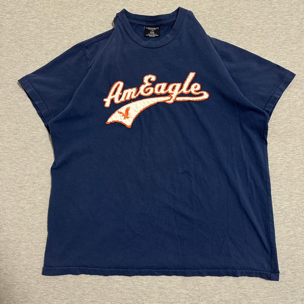 Y2K American Eagle Outfitters AmEagle Script Applique‎ Graphic Tee Navy Large